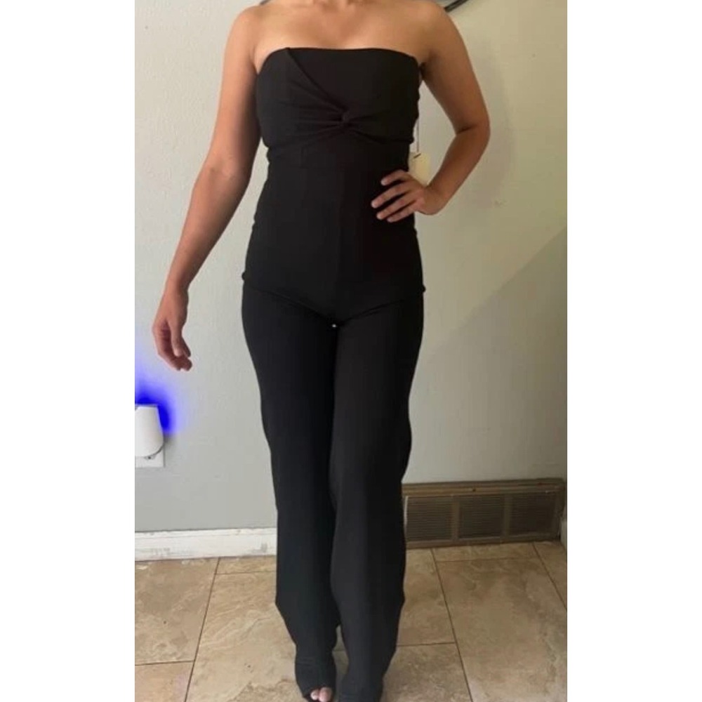Womens Black Strapless Twist Front Wide Leg Jumpsuit Size S